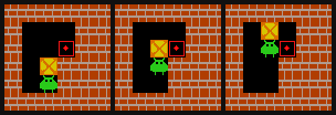 Three Sokoban frames around a deadlock pivot.
